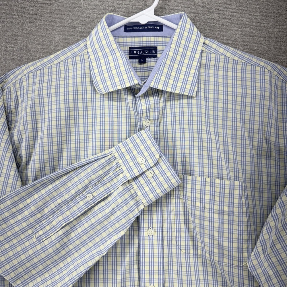 J McLaughlin Shirt Men Size Large Blue Yellow Plaid Long Sleeve Button Up